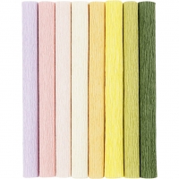 Crepepapir, 25x60 cm, Stræk/crepe: 180%, 105 g, pastelfarver, 8ark/ 1 pk.