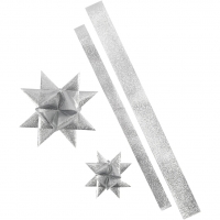 Stjernestrimler, L: 86+100 cm, B: 25+40 mm, diam. 11,5+18,5 cm, sølv glitter, 16strimler/ 1 pk.