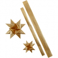 Stjernestrimler, L: 86+100 cm, diam. 11,5+18,5 cm, B: 25+40 mm, guld glitter, 16strimler/ 1 pk.