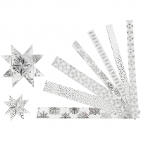 Stjernestrimler, L: 44+78 cm, B: 15+25 mm, diam. 6,5+11,5 cm, sølv, hvid, 48strimler/ 1 pk.