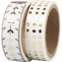 Masking Tape, hjerter og prikker - folie, B: 15 mm, guld, hvid, 2x4m/ 1 pk.