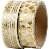 Masking Tape, ranke og prikker - folie, B: 15 mm, guld, 2x4m/ 1 pk.