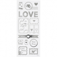 Stickers, love, ark 10x24 cm, ca. 14 stk., s&oslash;lv, 1 ark