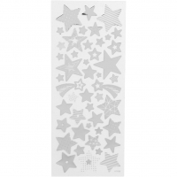 Stickers, stjerner, ark 10x24 cm, ca. 52 stk., s&oslash;lv, 1 ark