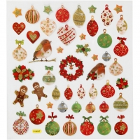 Stickers, julekugler og pynt, ark 15x16,5 cm, ca. 50 stk., 1 ark