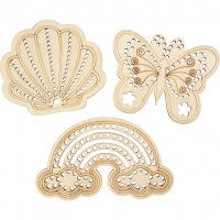 Træfigur med huller, Regnbue, musling, sommerfugl, str. 7,5-13 cm, 6 stk./ 1 pk.