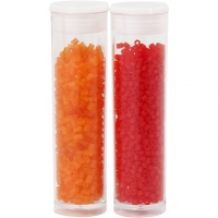 Rocaiperler 2-cut, diam. 1,7 mm, str. 15/0 , hulstr. 0,5 mm, transparent orange, transparent rød, 2x7g/ 1 pk.
