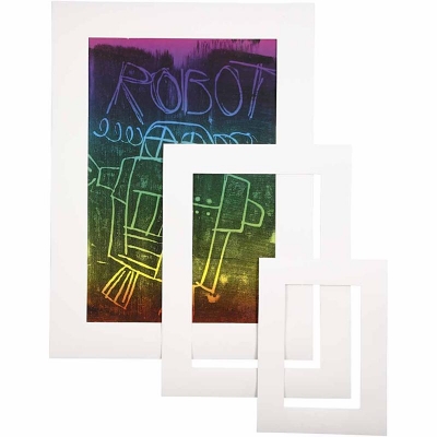 Passepartoutrammer, A3,A4,A5, str. 17x23 + 25x34 + 35+48 cm, tykkelse 0,4 mm, 270 g, hvid, 75stk./ 1 pk.