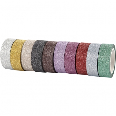 Glittertape, B: 15 mm, ass. farver, 10x6m/ 1 pk.