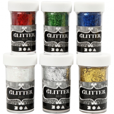 Fiber Glitter, metallicfarver, 6x20g/ 1 pk.