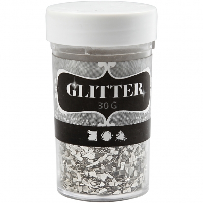 Glitter, str. 1-3 mm, sølv, 30g/ 1 ds.