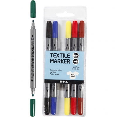 Tekstiltusch, streg 2,3+3,6 mm, standardfarver, 6stk./ 1 pk.