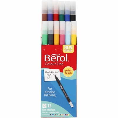 Berol Colourfine Tusch, diam. 10 mm, streg 0,3-0,7 mm, ass. farver, 12 stk./ 1 pk.
