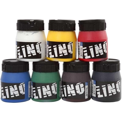 Linoleumssværte, ass. farver, 7x250ml/ 1 pk.