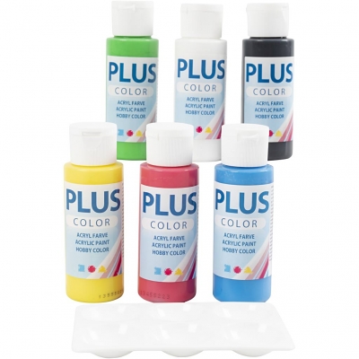 Plus Color Hobbymaling, primærfarver, 6x60ml/ 1 pk.