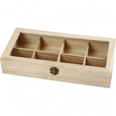 Æske med glaslåg, str. 32x16x6 cm, hulstr. 7x7 cm, 1 stk.