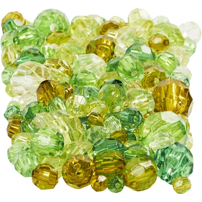 Facetperlemix, str. 4-12 mm, hulstr. 1-2,5 mm, grøn glitter, 250g/ 1 pk.