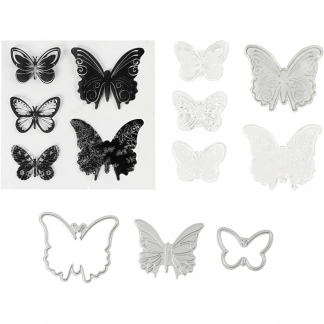 Stempler, skære- og prægeskabeloner, sommerfugle, str. 3,5-5,5 cm, 1 pk.