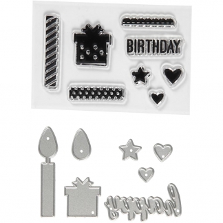 Stempler og skæreskabeloner, fødselsdag, str. 10-70 mm, 1 pk.