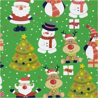 Gavepapir, Julemand, juletræ, julegave, rensdyr, snemand og pingvin, B: 50 cm, 80 g, grøn, 5 m/ 1 rl.