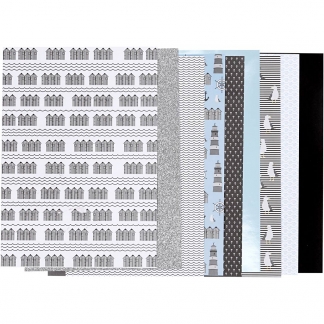Designpapir i blok, str. 21x30 cm, 120+128 g, sort, blå, grå, hvid, 24 ark/ 1 pk.