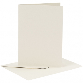 Kort og kuverter, kort str. 10,5x15 cm, kuvert str. 11,5x16,5 cm, 110+230 g, råhvid, 6 sæt/ 1 pk.