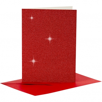 Kort og kuverter, kort str. 10,5x15 cm, kuvert str. 11,5x16,5 cm, glitter, 110+250 g, rød, 4 sæt/ 1 pk.
