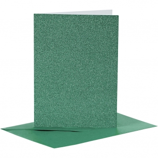 Kort og kuverter, kort str. 10,5x15 cm, kuvert str. 11,5x16,5 cm, glitter, 110+250 g, grøn, 4 sæt/ 1 pk.