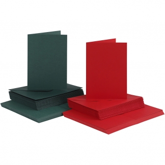 Kort og kuverter, kort str. 10,5x15 cm, kuvert str. 11,5x16,5 cm, 110+230 g, grøn, rød, 50 sæt/ 1 pk.