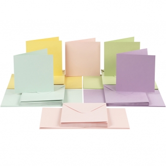 Kort og kuverter, kort str. 15x15 cm, kuvert str. 16x16 cm, 110+220 g, pastelfarver, 50 sæt/ 1 pk.
