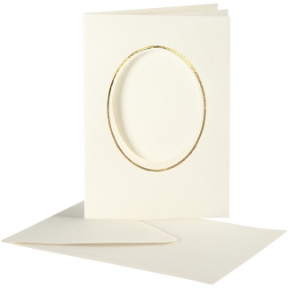 Passepartoutkort med kuvert, oval med guldkant, kort str. 10,5x15 cm, kuvert str. 11,5x16,5 cm, råhvid, 10 sæt/ 1 pk.