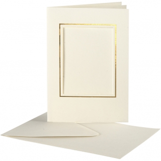 Passepartoutkort med kuvert, rektangulær med guldkant, kort str. 10,5x15 cm, kuvert str. 11,5x16,5 cm, råhvid, 10 sæt/ 1 pk.