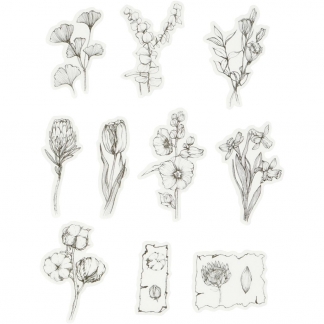 Washi stickers, sort/hvide blomster, str. 30-50 mm, 30 stk./ 1 pk.