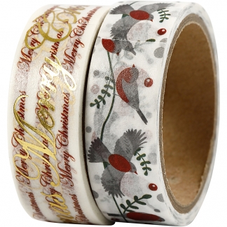 Masking Tape, glædelig jul og fugle - folie, B: 15 mm, 2x4m/ 1 pk.