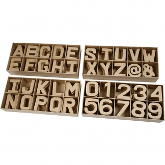 Bogstaver, tal og symboler af pap, H: 10 cm, tykkelse 1,7 cm, 160 stk./ 1 pk.