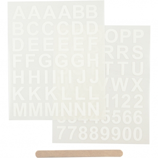 Rub on stickers, bogstaver og tal, H: 17 mm, 12,2x15,3 cm, hvid, 1 pk.