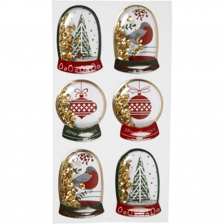 Shaker stickers, fugl, træ og julekugler, str. 49x32+45x36 mm, guld, 6 stk./ 1 pk.