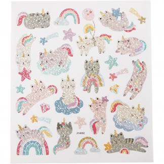 Stickers, unicorn katte, ark 15x16,5 cm, 1 ark