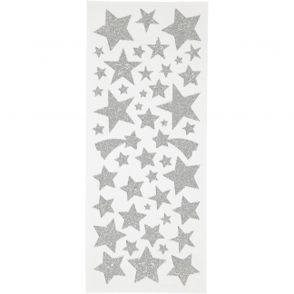Glitterstickers, stjerner, 10x24 cm, sølv, 2 ark/ 1 pk.