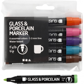 Glas- og Porcelænstusch, streg 1-3 mm, halvdækkende, suppleringsfarver, 6 stk./ 1 pk.