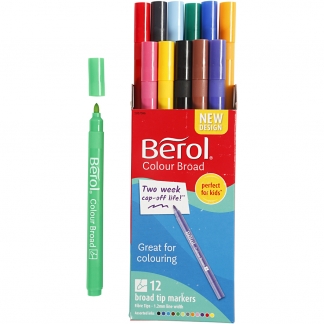 Berol Colourbroad Tusch, diam. 10 mm, streg 1-1,7 mm, ass. farver, 12 stk./ 1 pk.