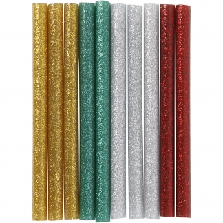 Limstænger Mini, L: 10 cm, diam. 7 mm, glitter, guld, grøn, rød, sølv, 10 stk./ 1 pk.
