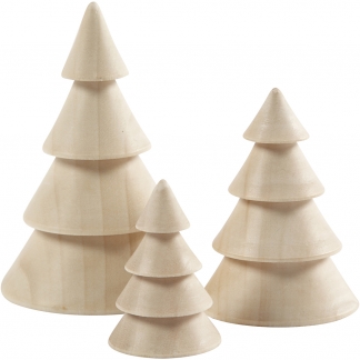 Juletræer, H: 5+7,5+10 cm, diam. 3,5+5,4+6,7 cm, 3 stk./ 1 pk.