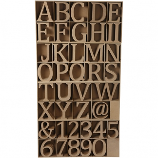 Bogstaver, tal og symboler af træ, H: 13 cm, tykkelse 2 cm, 160 stk./ 1 pk.
