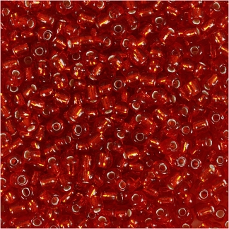 Rocaiperler, diam. 3 mm, str. 8/0 , hulstr. 0,6-1,0 mm, metal rød, 25g/ 1 pk.