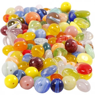 Glasperler, rund, oval, rundflad, diam. 6-13 mm, hulstr. 0,5-1,5 mm, ass. farver, 350 g/ 1 pk.