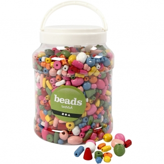 Træperler, str. 5-28 mm, hulstr. 2,5-3 mm, ass. farver, 850 g, 2l/ 1 spand