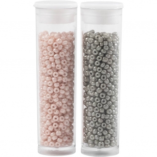 Rocaiperler, diam. 1,7 mm, str. 15/0 , hulstr. 0,5-0,8 mm, lys grå, støvet rosa, 2x7 g/ 1 pk.