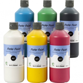 Temperamaling, mat, halvd&aelig;kkende, ass. farver, 6x500 ml/ 1 pk.
