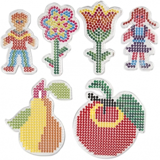 Perleplade, blomster, pige, dreng, æble og pære, str. 8,5x14-14x16 cm, 6 stk./ 1 pk.